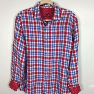 Bugatchi Mens LA SHIRT Med Red/Blue Plaid Linen